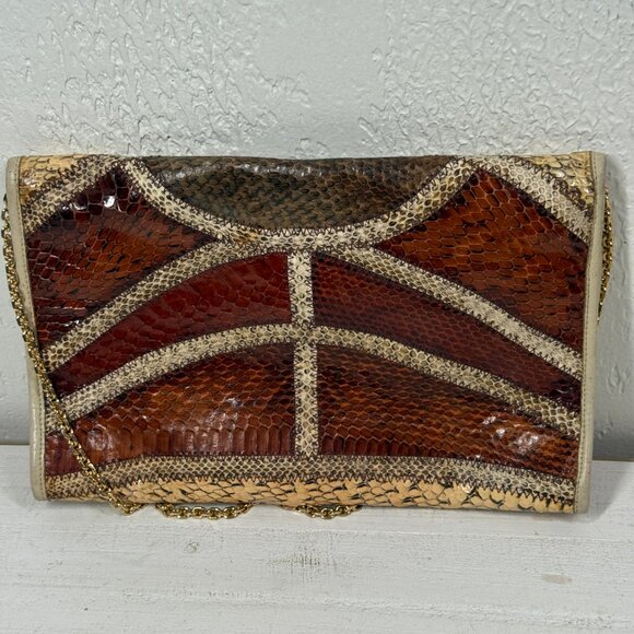Vintage Original by Caprice Snakeskin Leather Envelope Clutch Crossbody Chain - Picture 4 of 13